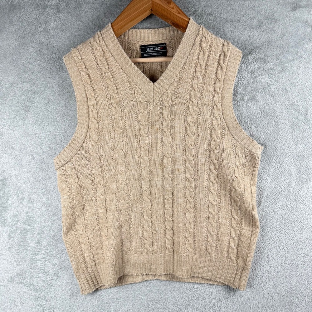 Jantzen Cable Knit Sweater Vest Mens M Tan‎ Academia Style Preppy Vintage 90s